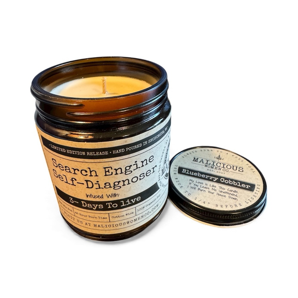 9 oz Organic Soy Candle, "Search Engine Self-Diagnoser" Blueberry Cobler (NIB)